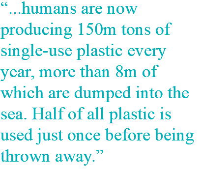 “...humans are now producing 150m tons of single-use plastic every year, more than 8m of which are dumped into the sea. Half of all plastic is used just once before being thrown away.”